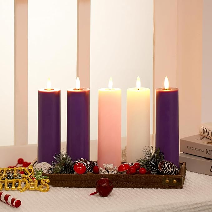 Pillar Advent Candles Set of 5, Battery Operated Advent Candle Set with Remote and Timer, 2x7 Pink and Purple Pillar Candle Set, Flameless Advent Candles for Advent Wreath Pillar Candle Holder