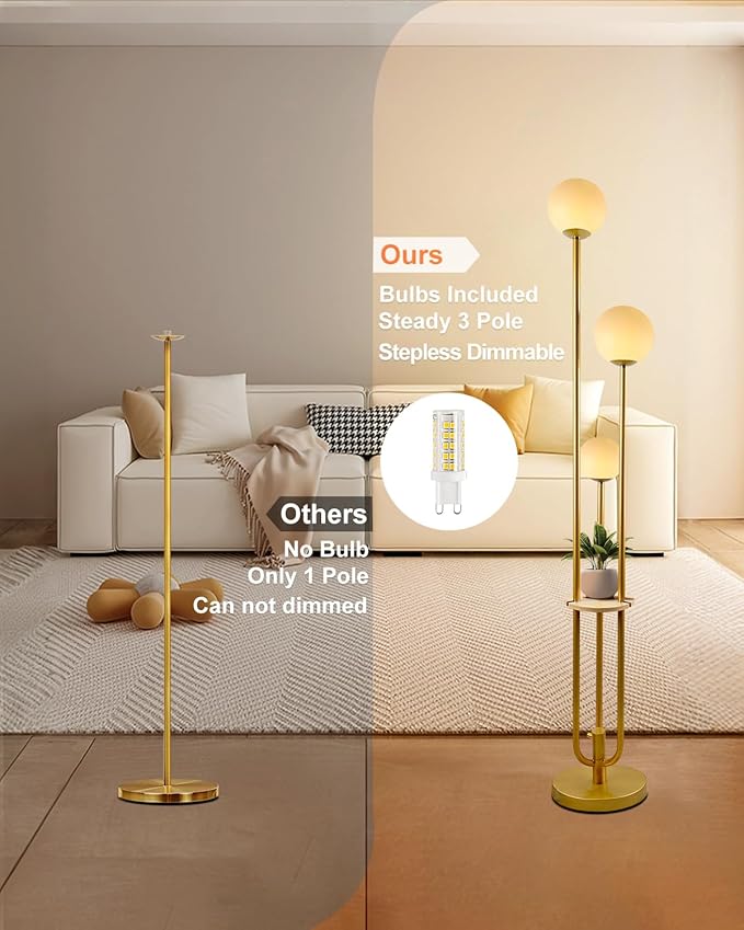 63IN Dimmable Floor Lamp with Shelf, Unique Globe Gold Tall Standing Lamps Candle Holder Style, 3000K Warmwhite Mid Century Modern Floor Lamp for Living Room Home Office(Bulbs Included)