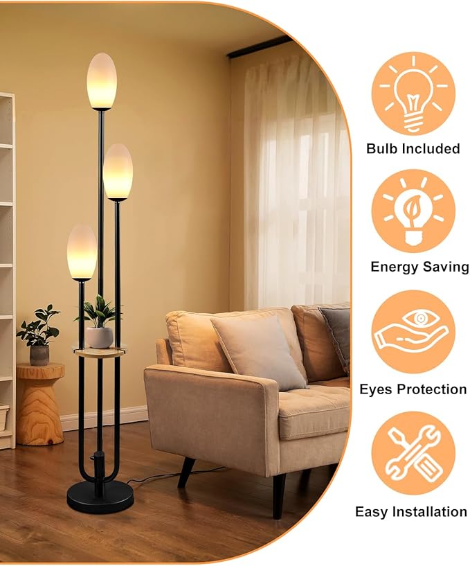 Black Dimmable Floor Lamp with Table, Unique Candle Holder Style Tall Standing Lamps with 3000K G9 Bulbs for Reading, Mid Century Modern Floor Lamp for Living Room Bedroom Office