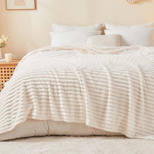 BEDELITE Blankets Queen Size for Bed, 300GSM Soft & Warm Fleece Blanket, Decorative and Giftable Striped Cream White Blankets for Women, Men, 90"x90"