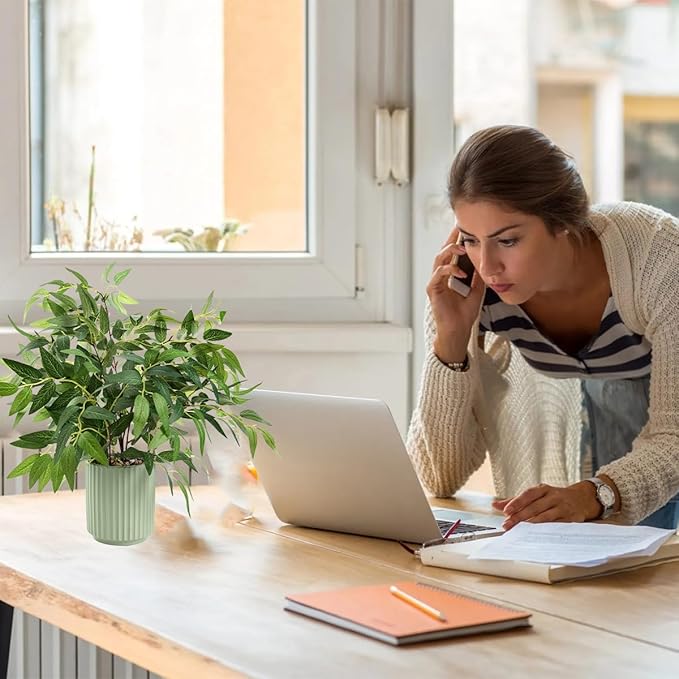16" Artificial Willow Leaf Plant in Ribbed Ceramic Pot Lifelike Faux Potted Greenery for Indoor Home Office Table Shelf Living Room Bedroom Bathroom Decor