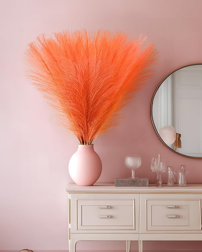 60pcs Orange Faux Pampas Grass Decor, 17.7inch Short Artificial Pompous Grass Fluffy Fall Fake Pompas Grass Branches Vase Filler Flower Arrangement for Home Wedding Boho Centerpieces Decor