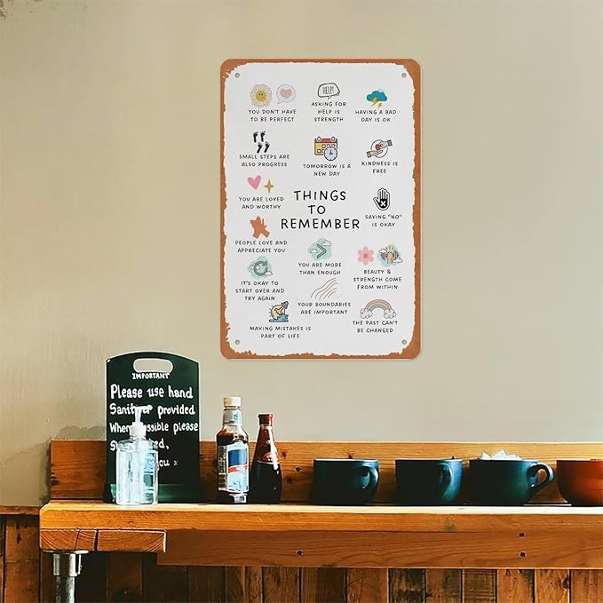 Things To Remember Metal Sign Poster 12x8 Inch Wall Decor Minimalist Boho Affirmations Therapy Office School Counselor Counseling Center Mental Health CBT DBT Anxiety Relief Gifts