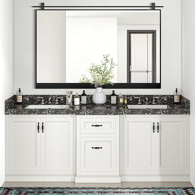 Black Bathroom Mirror 28" x 40" Matte Black Rustic Rectangle Metal Frame Barn Door Farmhouse Bathroom Vanity Mirror for Over Sink, Foyer Entryway Decor