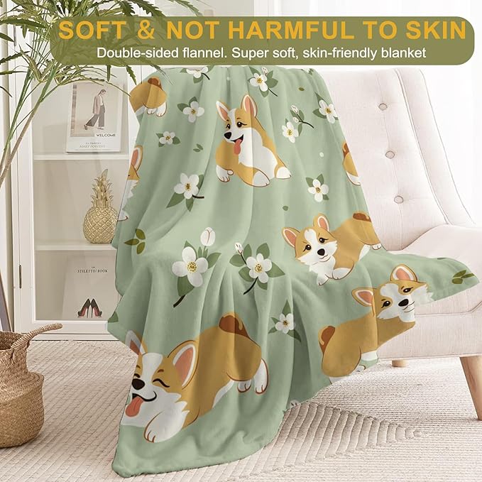 Happy Corgi Throw Blanket 40x50 in, Cute Dog Flower Garden Pattern Blankets for Couch Bedroom Living Room Indoor Decor, Lightweight Soft Cozy Bedding Birthday Gift for Kids Boys Adults