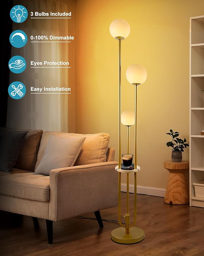 Lightdot 63IN Dimmable Gold Floor Lamp with Shelf Mid Century Standing Lamps with 3000K Bulbs Included with Candle Holder Style Modern Globe Floor Lamp for Living Room/Party/Sofa Beside/Corner Decor