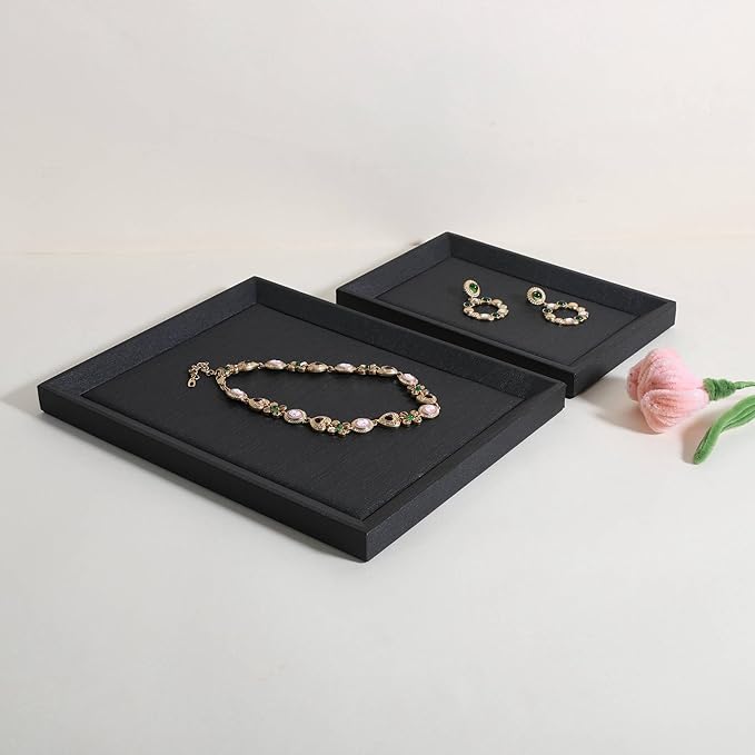 GemeShou Gemehou faux PU leather Jewelry Viewing Tray, Stackable Jewelry Plate, Rectangle Jewelry showcase, Empty Jewelry tray for Necklace Bracelet Ring Earring Watch (Black-Medium, 11.8 x 9.1 in)