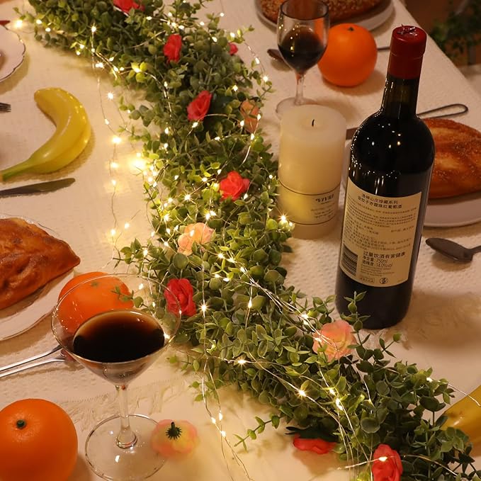 Dolicer 8 Packs Eucalyptus Garland with LED Lights String, 48FT Faux Eucalyptus Greenery Garland, Artificial Hanging Green Eucalyptus Leaves Vine Wedding Backdrop Arch Wall Table Decor (Grey Green)