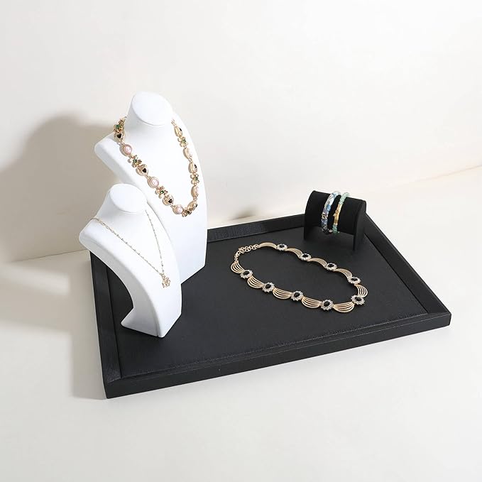 GemeShou Gemehou faux PU leather Jewelry Viewing Tray, Stackable Jewelry Plate, Rectangle Jewelry showcase, Empty Jewelry tray for Necklace Bracelet Ring Earring Watch (Black-Large, 17.7 x 11.8 in)