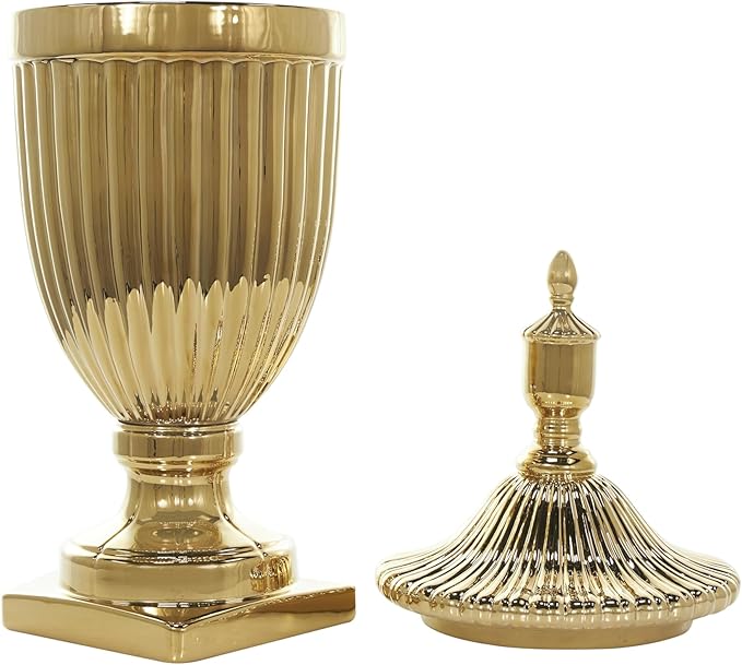 Deco 79 Ceramic Living Room Decorative Jars Tall Decorative Container with Grooves, Jar with Lid 12" x 12" x 32", Gold