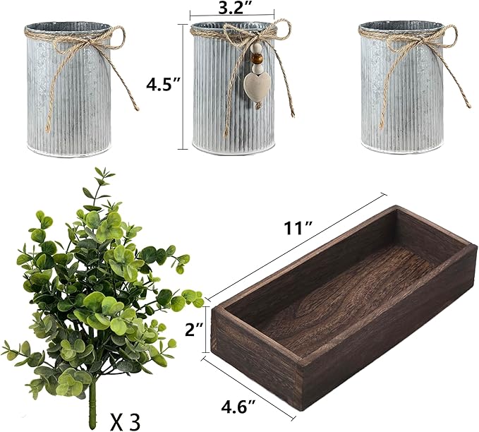 Artificial Flower Decorative Centerpiece, Frosty Green Eucalyptus Table Arrangement with 3 Rustic Metal Pots and Wood Tray for Farmhouse Home Décor