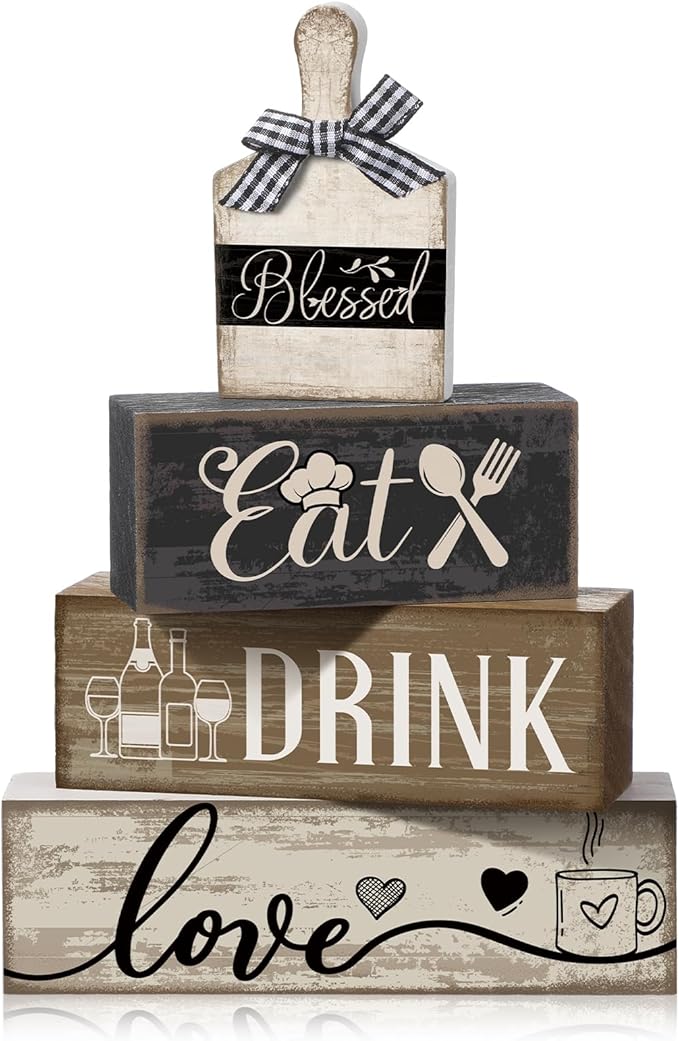 4 Pcs Farmhouse Kitchen Decor Wooden Plate Farmhouse Table Decor Black Brown and White Plate Tableware Centerpiece Rustic Decorative Plates Block Sign for Display Cabinet Kitchen Decoration