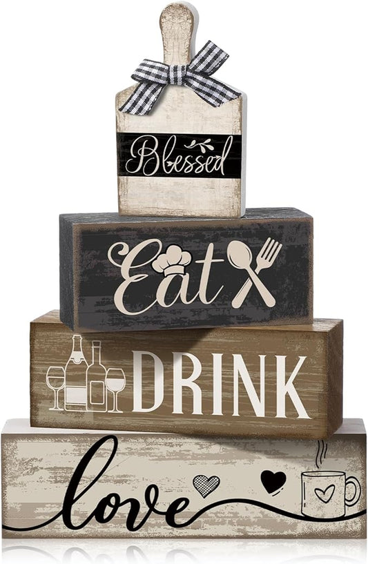 4 Pcs Farmhouse Kitchen Decor Wooden Plate Farmhouse Table Decor Black Brown and White Plate Tableware Centerpiece Rustic Decorative Plates Block Sign for Display Cabinet Kitchen Decoration