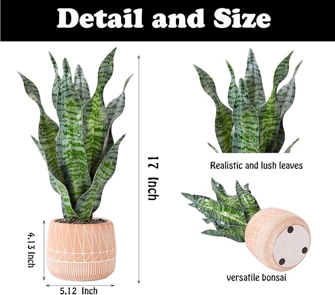 Artificial Realistic Snake Plant 17" with Concrete Pot Fake Snake Plants Sansevieria Greenery Faux Snake Plant for Home Office Living Room Housewarming Gifts Indoor Decor
