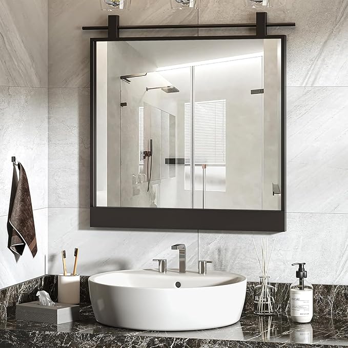 Black Bathroom Mirror 24" x 24" Square Matte Black Rustic Rectangle Metal Framed Barn Door Farmhouse Bathroom Vanity Mirror for Over Sink, Foyer Entryway Decor