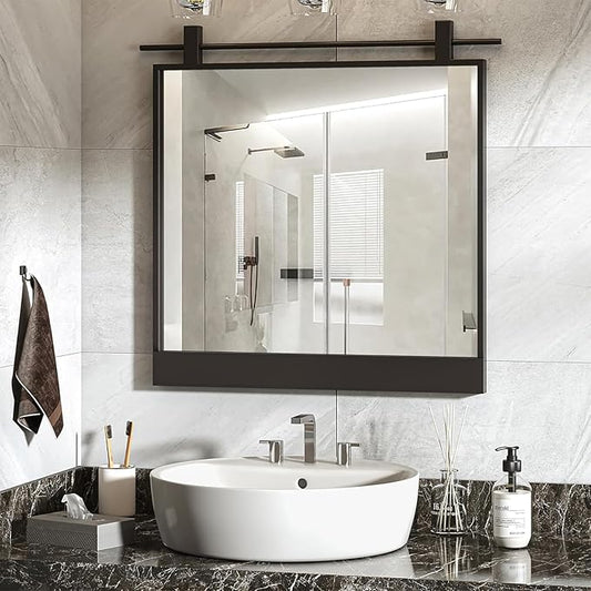 Black Bathroom Mirror 24" x 24" Square Matte Black Rustic Rectangle Metal Framed Barn Door Farmhouse Bathroom Vanity Mirror for Over Sink, Foyer Entryway Decor
