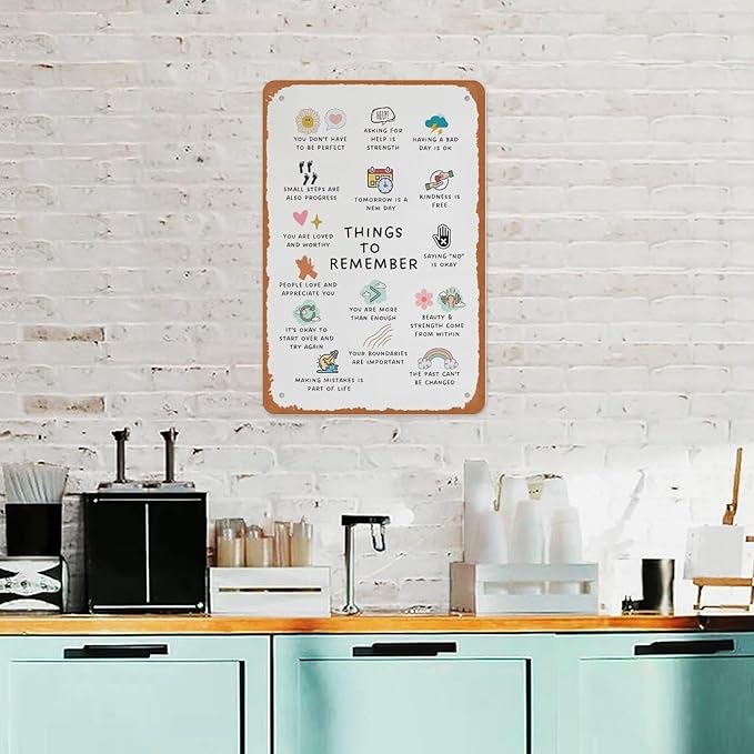 Things To Remember Metal Sign Poster 12x8 Inch Wall Decor Minimalist Boho Affirmations Therapy Office School Counselor Counseling Center Mental Health CBT DBT Anxiety Relief Gifts