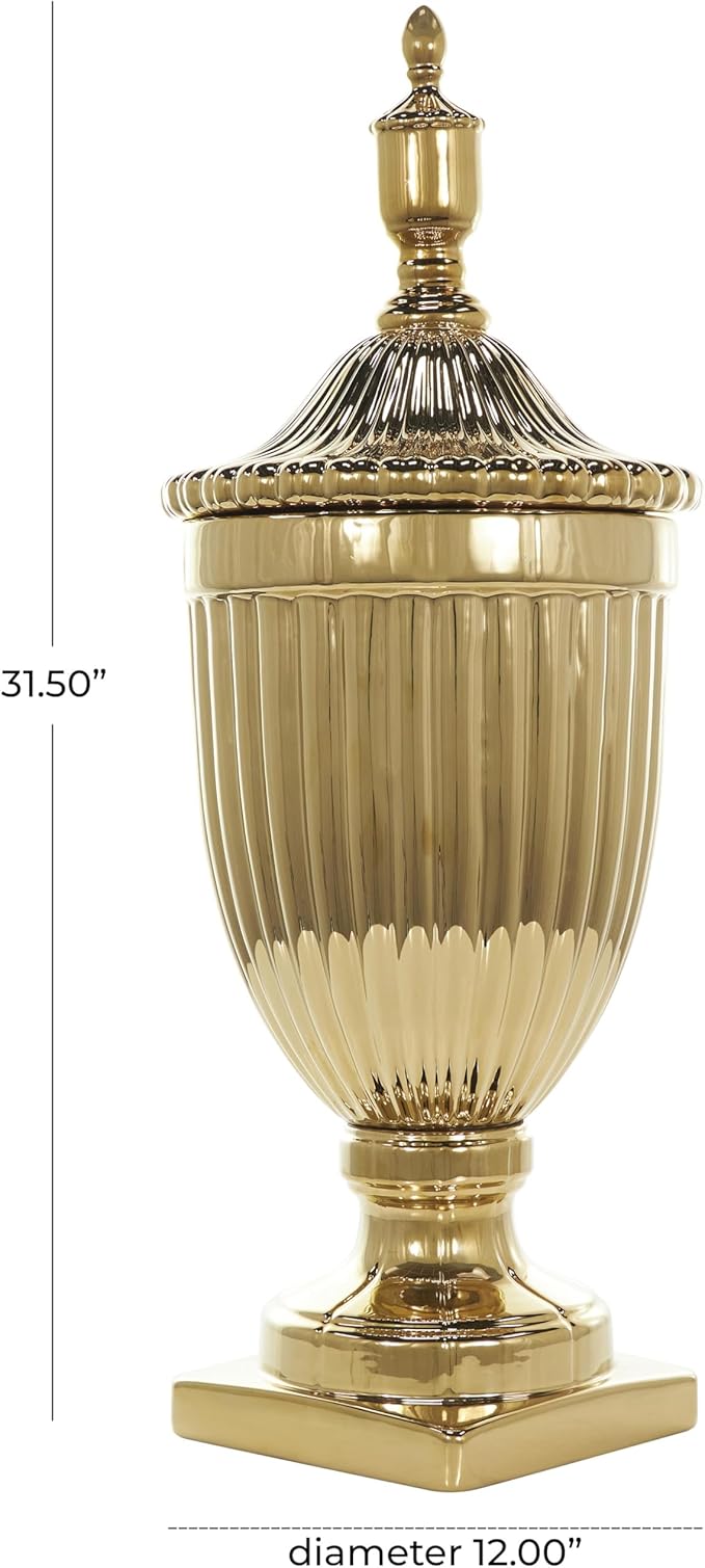 Deco 79 Ceramic Living Room Decorative Jars Tall Decorative Container with Grooves, Jar with Lid 12" x 12" x 32", Gold