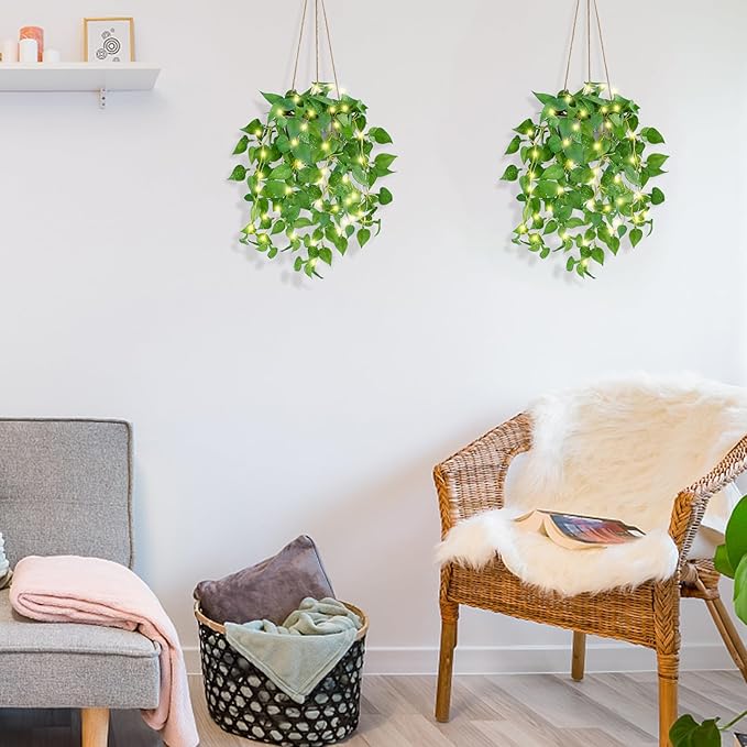 2 Pack Hanging Plant Fake Hanging Plants with LED Lights, Artificial Hanging Plant with Pots, Artificial Plants for Home Decor Wall Indoor Outdoor Office Decor