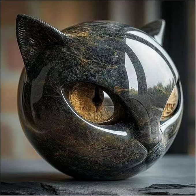 Luxury Black Cat Sculpture, Hand-Carved Crystal & Healing Stone Art Piece, Elegant Décor for Cat Lovers, Gift-Ready Memento for Home or Office, Brown