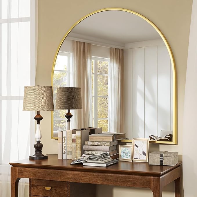 VooBang Wide Arched Wall Mirror, 31 x 32 inch Arch Bathroom Mirror, Wall Mounted Vanity Mirror with Arch Metal Frame, Modern Bathroom Vanity Mirror for Bedroom, Living Room, Hanging or Leaning, Gold