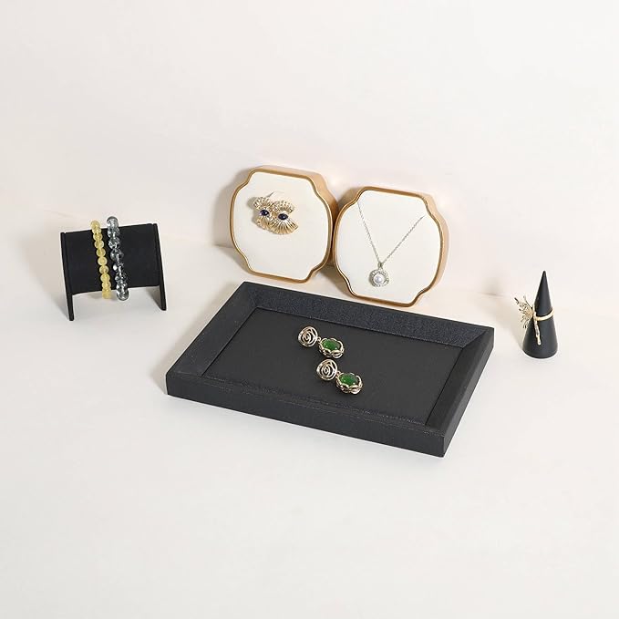 GemeShou Gemehou faux PU leather Jewelry Viewing Tray, Stackable Jewelry Plate, Rectangle Jewelry showcase, Empty Jewelry tray for Necklace Bracelet Ring Earring Watch (Black-Small, 9.1 x 5.9 in)