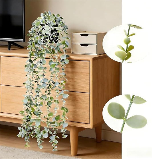 echosari Artificial Hanging Plants, 1 Pcs Fake Potted Eucalyptus Faux Hanging Plant, Fake Hanging Plants Indoor for Modern Boho Home Bedroom Wall Book Shelf Decor