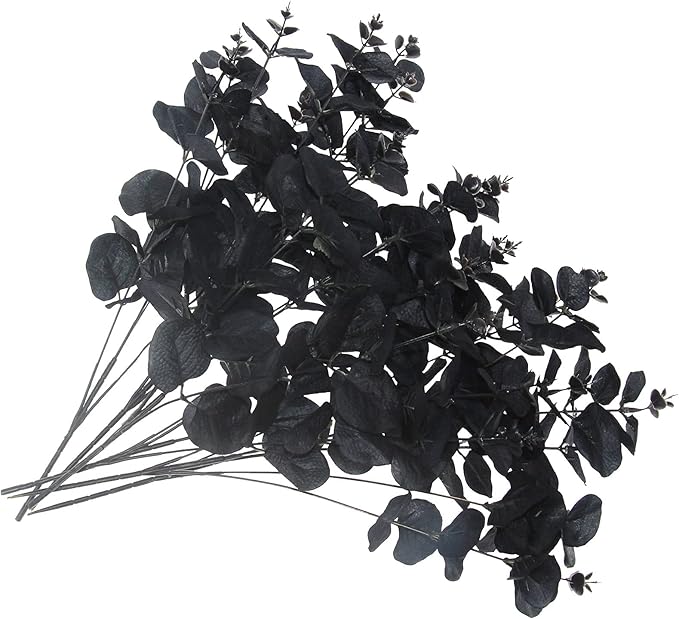 Tinsow 5 Pcs Black Artificial Eucalyptus Stems Faux Eucalyptuses Branches Black Leaf Halloween Centerpiece Halloween Home Decor (Black, 5)