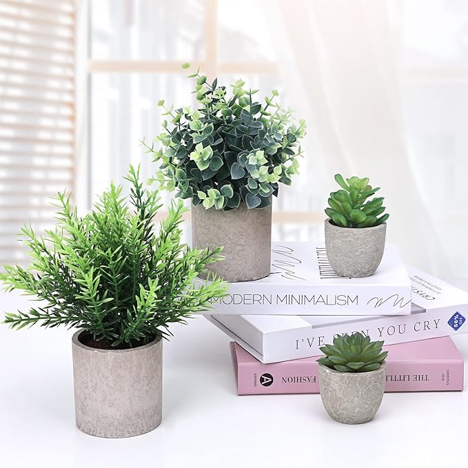 CEWOR 4 Pack Small Fake Plants Eucalyptus Rosemary Succulents Plants Artificial in Pots for Shelf Artificial Greenery Eucalyptus Plant Indoor for Home Bedroom Living Room Decoration