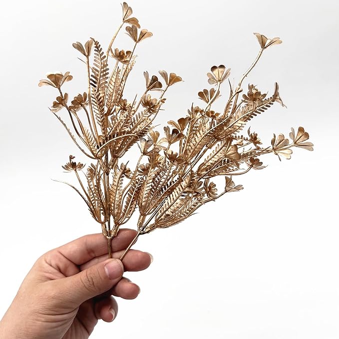 PASYOU Gold Fake Flowers Artificial Shrubs for Christmas Decor, Plastic Plants Faux Leaves Stems Grass Foliage Home Wreath Ornaments Party Hotel Wedding Event Gift DIY Tree Decoration Golden 10 Pack