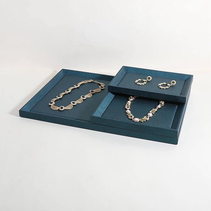 GemeShou Gemehou faux PU leather Jewelry Viewing Tray, Stackable Jewelry Plate, Rectangle Jewelry showcase, Empty Jewelry tray for Necklace Bracelet Ring Earring Watch (Green-Medium, 11.8 x 9.1 in)