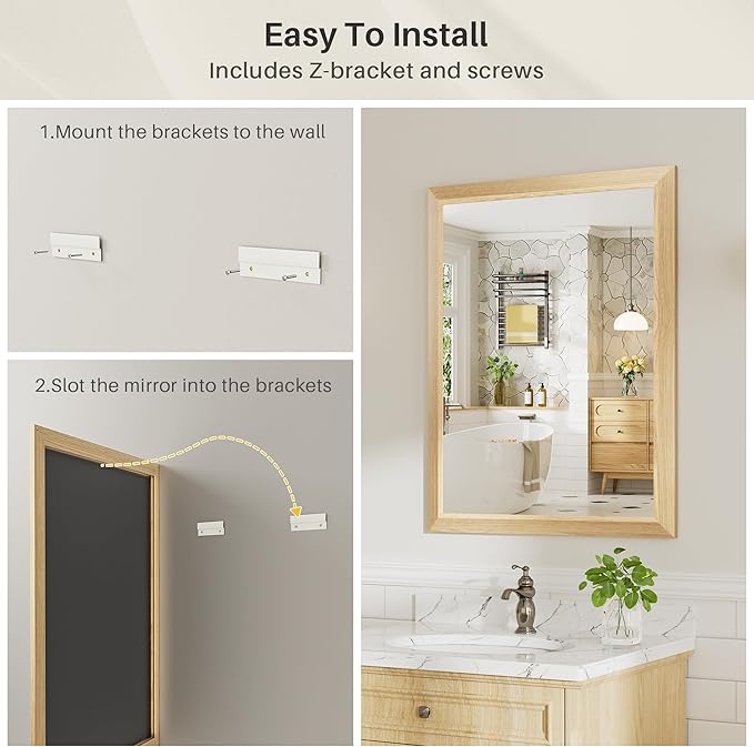 36x32 Inch Bathroom Mirror for Wall, Anti-Rust Oak Wood Grain Metal Framed Bathroom Mirrors for Over Sink,Rectangler Mirrors for Bathroom Vanity, Farmhouse, Bedroom, Living Room, Entryway Decor