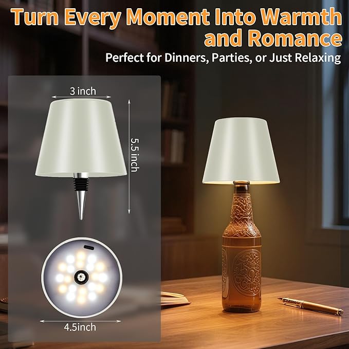 Rechargeable Wireless Bottle Lamp - 3 Color Stepless Dimmable, Metallic Beige Lampshade, 12H Bright Light or 96H Soft Glow, Ideal for Home Décor, Parties, Bar
