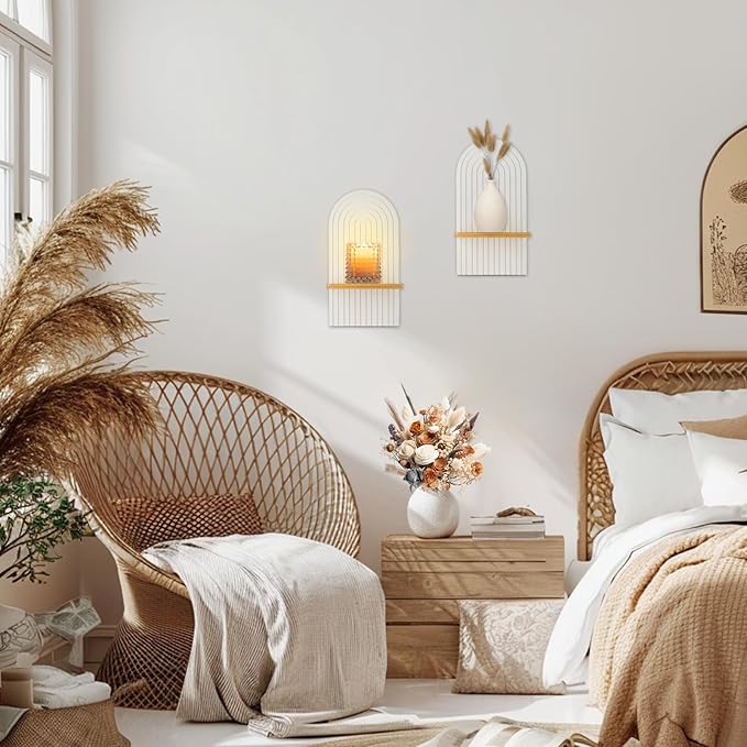 Boho Shelf Wall Decor - Bohemian Floating Shelves for Nursery Bedroom Living Room Mid Century Hanging Shelf Modern Rainbow Wall Candle Holder (White)