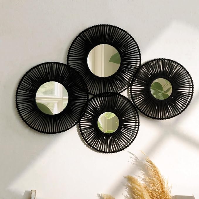 4 Pack Macrame Hanging Basket Wall Art - Decorative Woven Basket Boho Wall Hanging, Rustic Black Round Mirrors Natural Cotton Home Decor Set for Bedroom Living Room Nursery