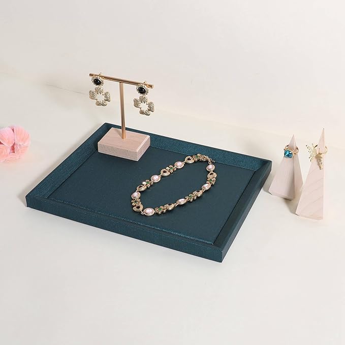 GemeShou Gemehou faux PU leather Jewelry Viewing Tray, Stackable Jewelry Plate, Rectangle Jewelry showcase, Empty Jewelry tray for Necklace Bracelet Ring Earring Watch (Green-Medium, 11.8 x 9.1 in)