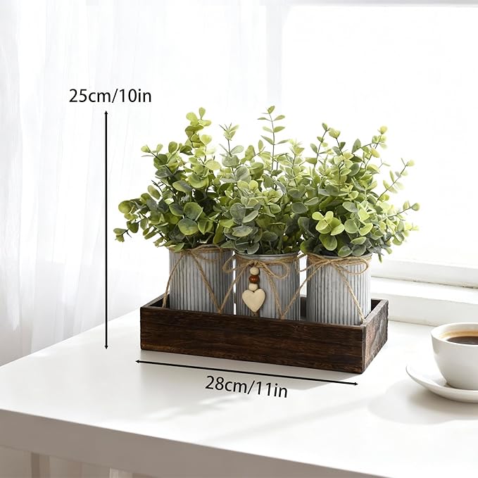 Artificial Flower Decorative Centerpiece, Frosty Green Eucalyptus Table Arrangement with 3 Rustic Metal Pots and Wood Tray for Farmhouse Home Décor