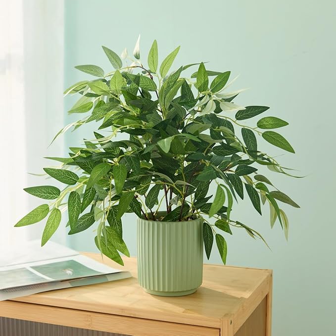 16" Artificial Willow Leaf Plant in Ribbed Ceramic Pot Lifelike Faux Potted Greenery for Indoor Home Office Table Shelf Living Room Bedroom Bathroom Decor