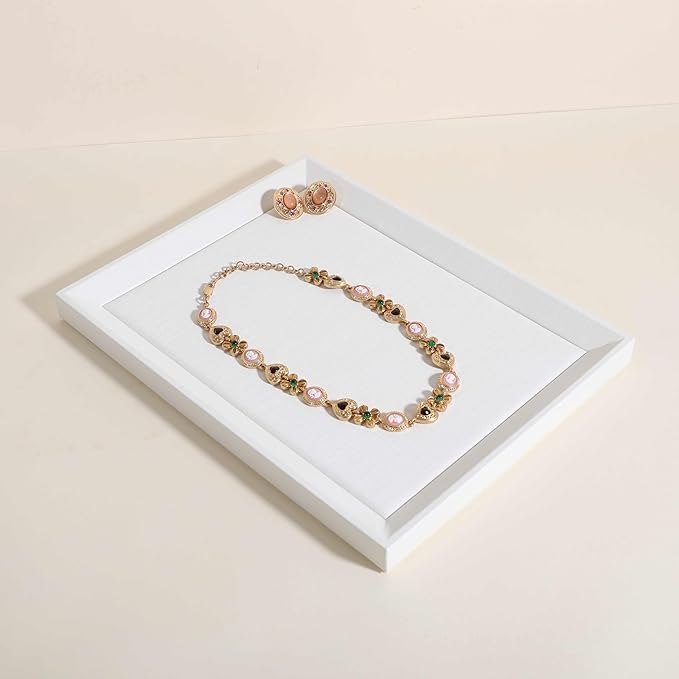 GemeShou Gemehou faux PU leather Jewelry Viewing Tray, Stackable Jewelry Plate, Rectangle Jewelry showcase, Empty Jewelry tray for Necklace Bracelet Ring Earring Watch (White-Medium, 11.8 x 9.1 in)