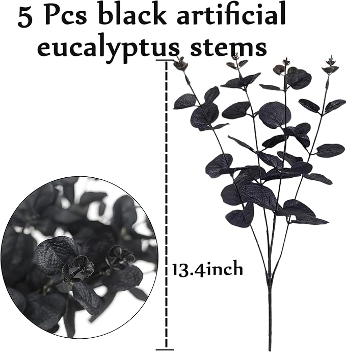 Tinsow 5 Pcs Black Artificial Eucalyptus Stems Faux Eucalyptuses Branches Black Leaf Halloween Centerpiece Halloween Home Decor (Black, 5)