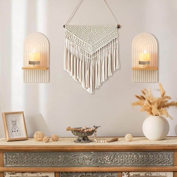 Boho Wall Candle Holder Decor: Mid Century Candle Sconces Set of 2 for Plants Pillar Candles - White Wood Modern Minimalist Arch Candle Shelf Bohemian Art Decor Beside Fireplace TV