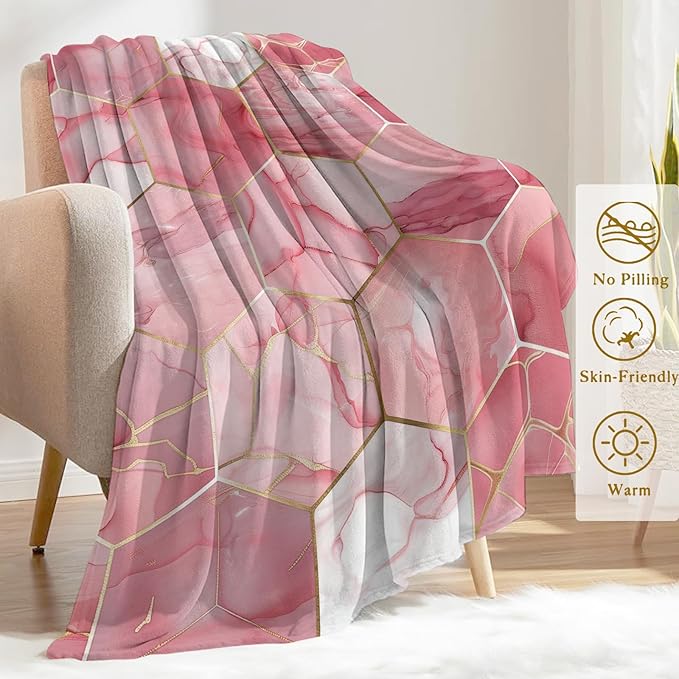 Elegant Marble Throw Blanket 50x60 in, Luxurious Pink Hexagon Blankets for Couch Bedroom Living Room Indoor Decor, Lightweight Soft Cozy Bedding Birthday Gift for Kids Girls Adults