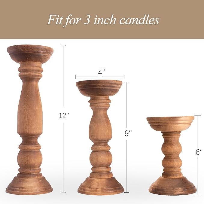 Farmhouse Wooden Candle Holders for Pillar Candles Set of 3, Rustic Wood Candle Holder Table Centerpiece Decor, 12'' 9'' 6'' Vintage Tall Candle Stand Decorative, Brown