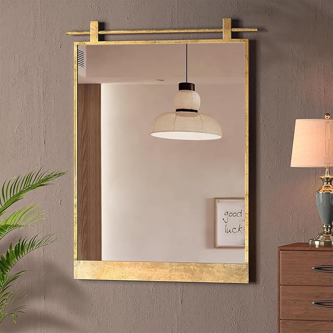 Gold Bathroom Mirror 20" x 28" Brushed Gold Rustic Rectangle Metal Framed Barn Door Farmhouse Bathroom Vanity Mirror for Over Sink, Foyer Entryway Decor