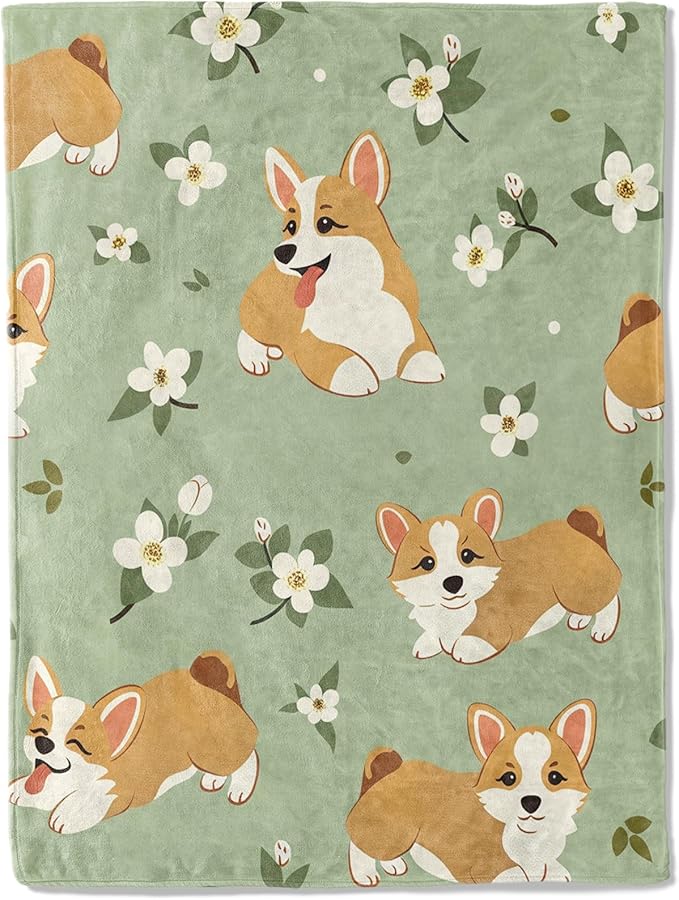 Happy Corgi Throw Blanket 40x50 in, Cute Dog Flower Garden Pattern Blankets for Couch Bedroom Living Room Indoor Decor, Lightweight Soft Cozy Bedding Birthday Gift for Kids Boys Adults