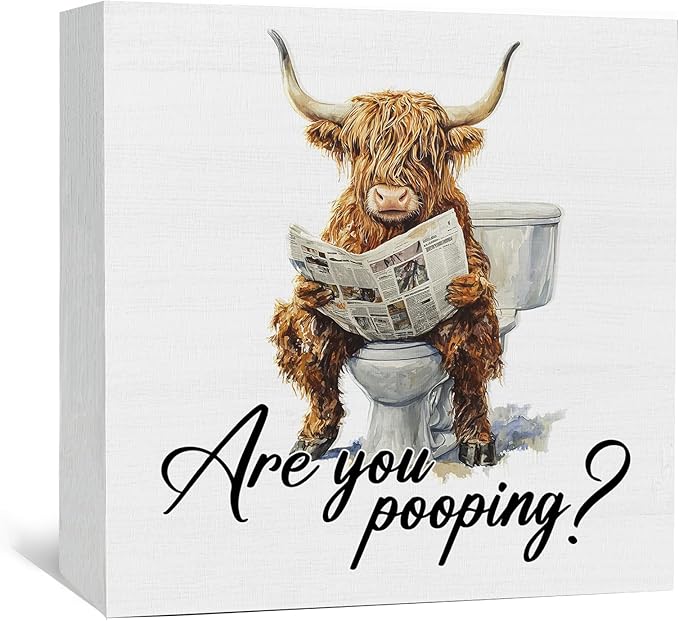 Funny Highland Cow Bathroom Sign, Funny Bathroom Decor, Western Highland Cow Reading Newspaper Wood Decoration Bath Room Decor for Washroom Toilet Counter Shelf Table 5x5 Inch