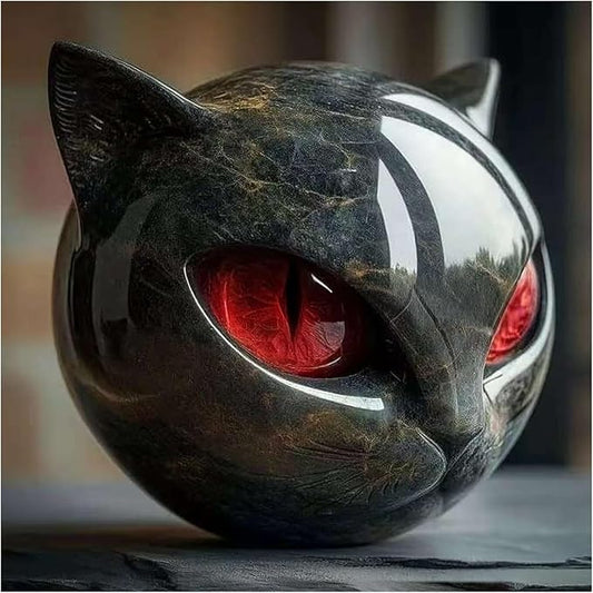 Luxury Black Cat Sculpture, Hand-Carved Crystal & Healing Stone Art Piece, Elegant Décor for Cat Lovers, Gift-Ready Memento for Home or Office, Red