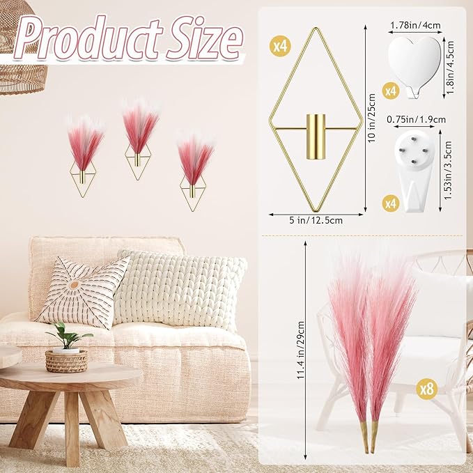 Hanaive 4 Sets Boho Wall Decor Metal Wall Art Hanging Planters with Artificial Pampas Display Modern Home Vase for Bedroom Home Office(Bean Paste Color, Beige, Light Pink,Gradient Pink)