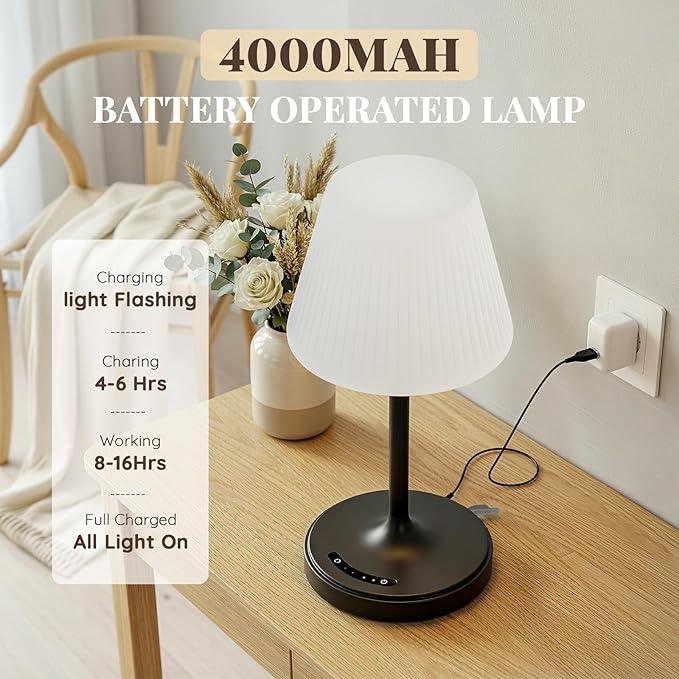 Cordless Table Lamp, Waterproof Shower Lamp, 4000mAh Rechargeable Table Lamps, 3-Color Dimmable Light, Battery Operated Lamp Desk Night Lamp for Bathroom Bedroom Patio Camping Restaurant (Black)