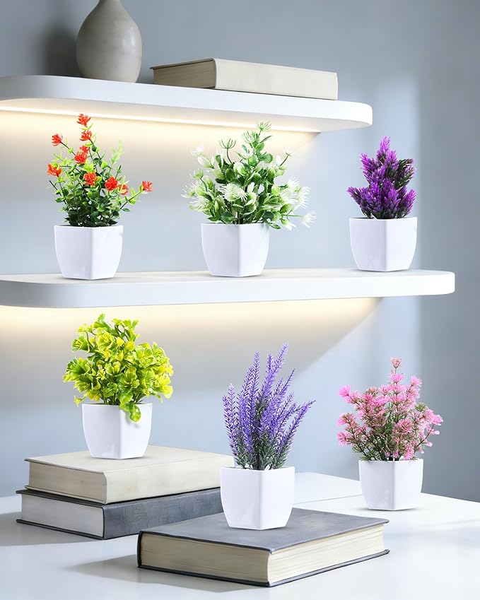 6 Pack Fake Plants Mini Artificial Greenery Potted Plants for Home Decor Indoor Office Table Room Farmhouse Bathroom Decor (Mixed Color)